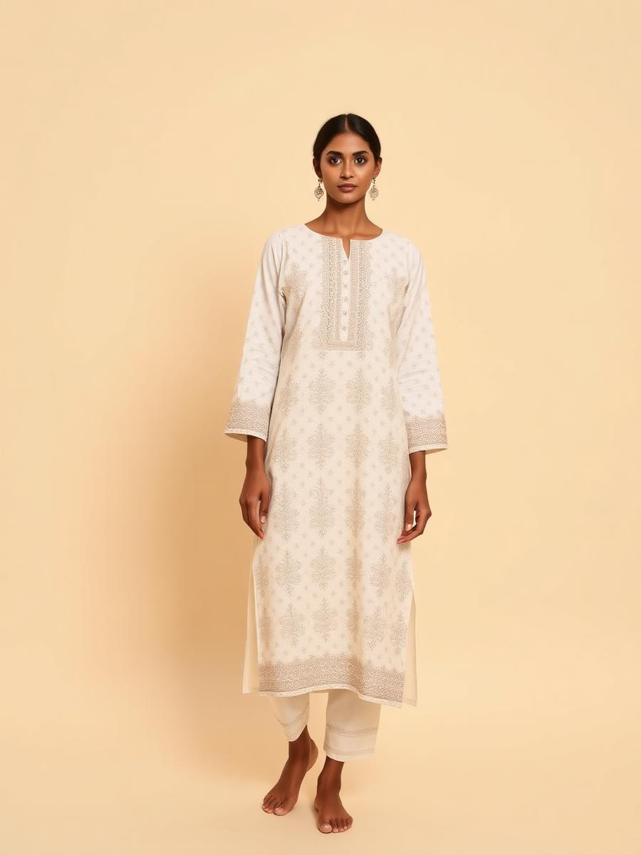 Ivory chikankari cotton kurti — front