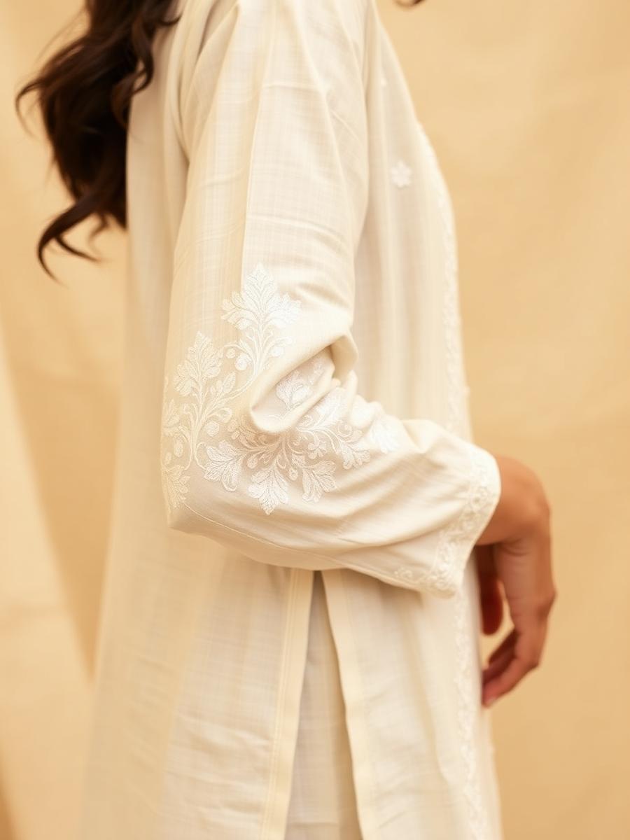 Ivory chikankari cotton kurti — sleeve detail