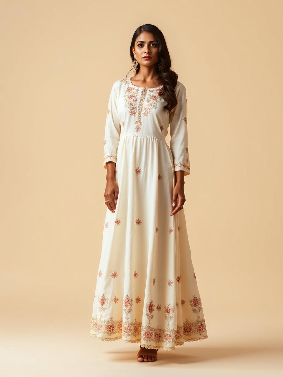 Ivory embroidered anarkali